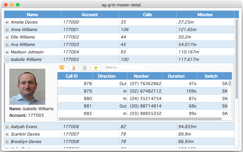 Opefin MasterDetail Grid Example