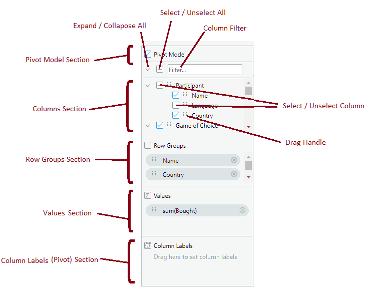 AG Grid Tool Panel Section