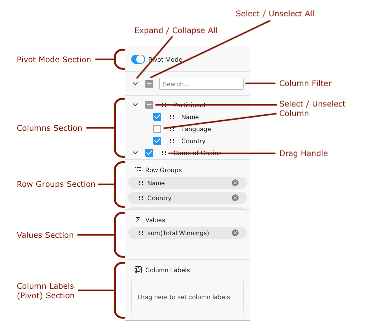 AG Grid Tool Panel Section
