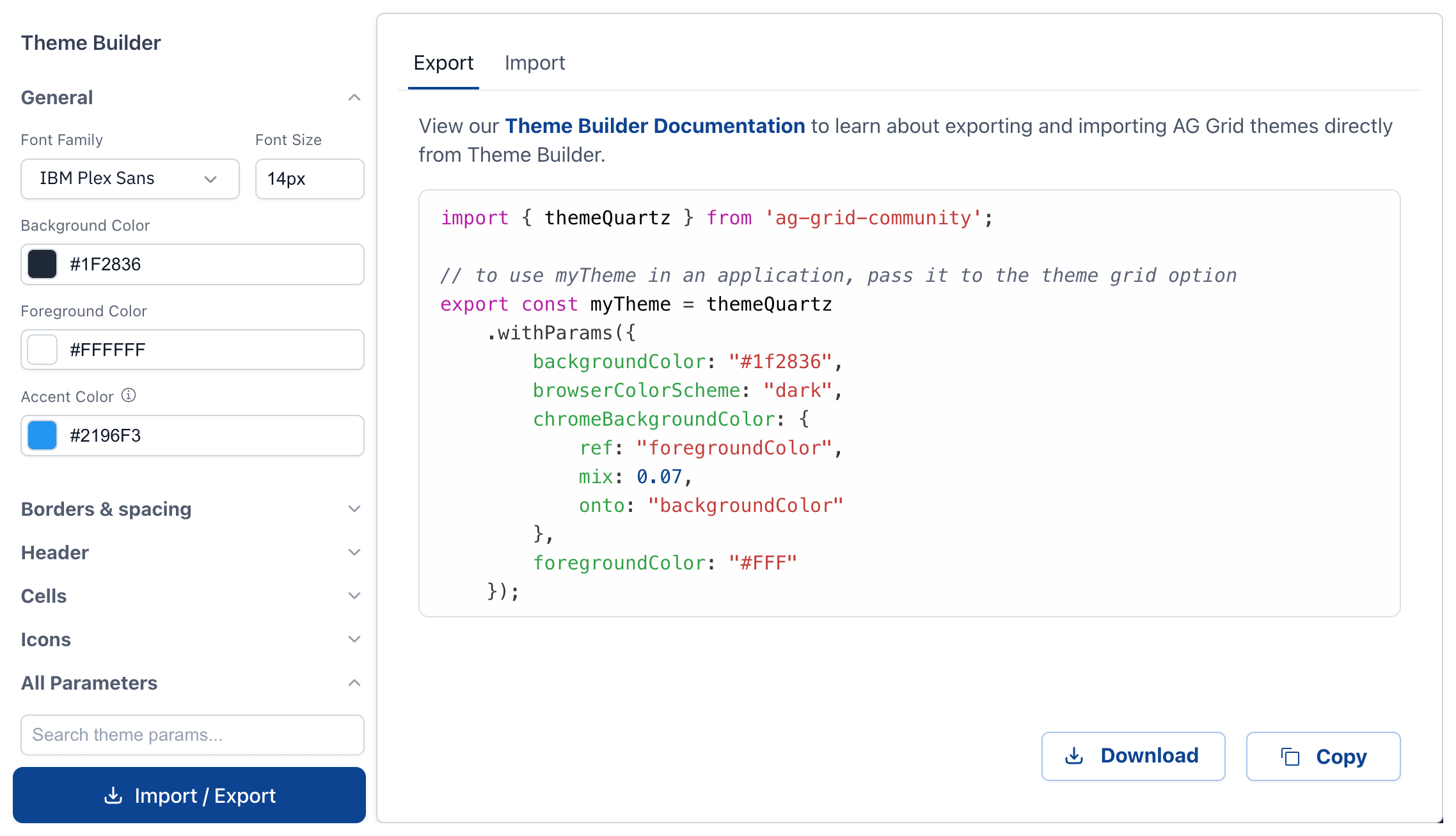Theme Builder export panel showing JavaScript code