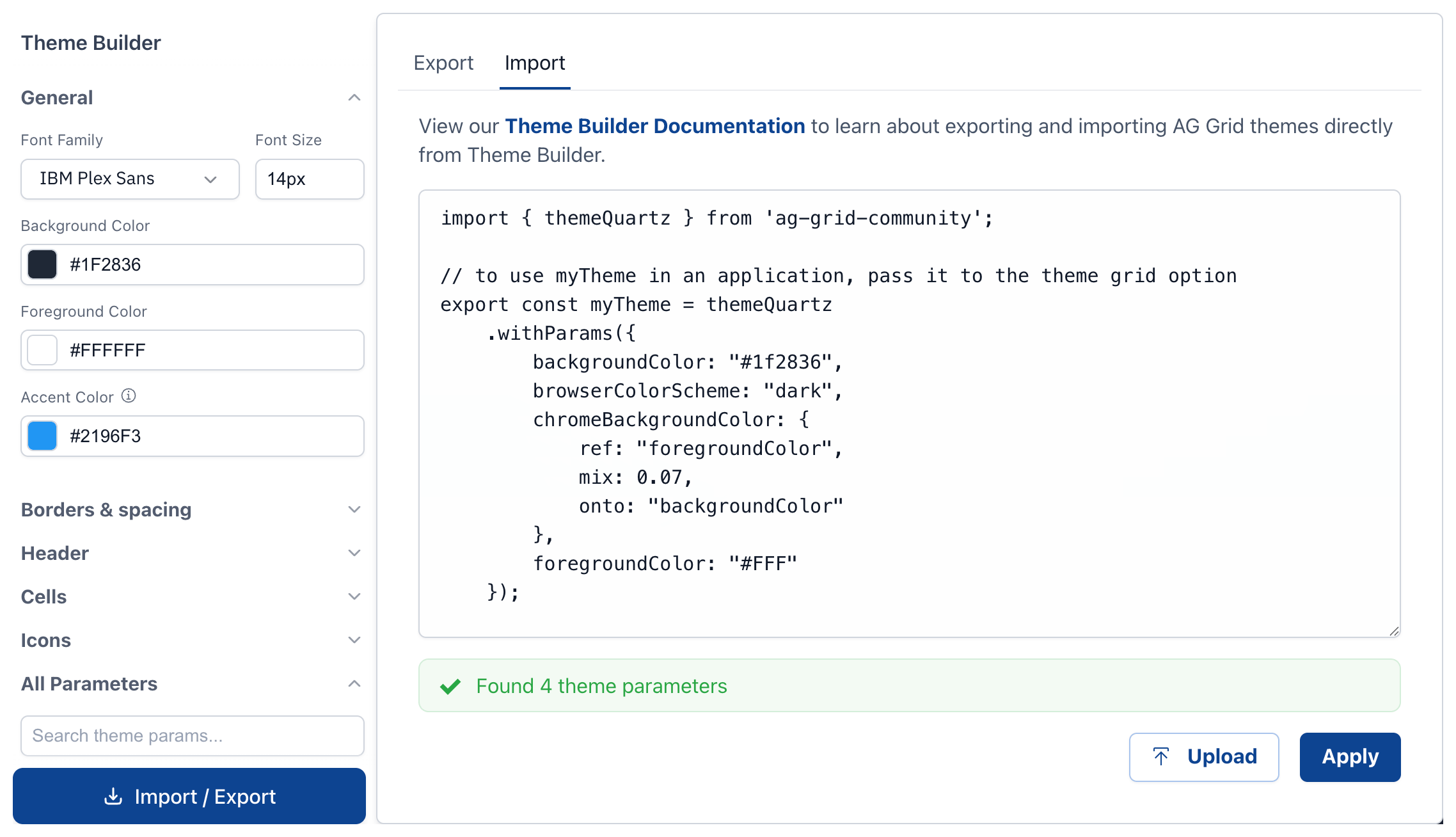 Theme Builder import panel
