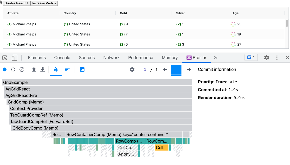 profiler in use with AG Grid React UI
