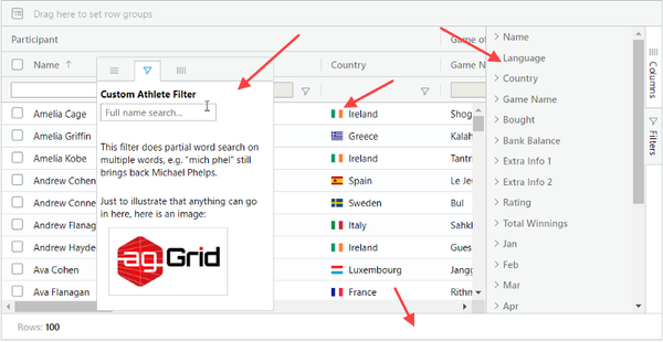 Create React Components for editing, filters and rendering of React data grid cells