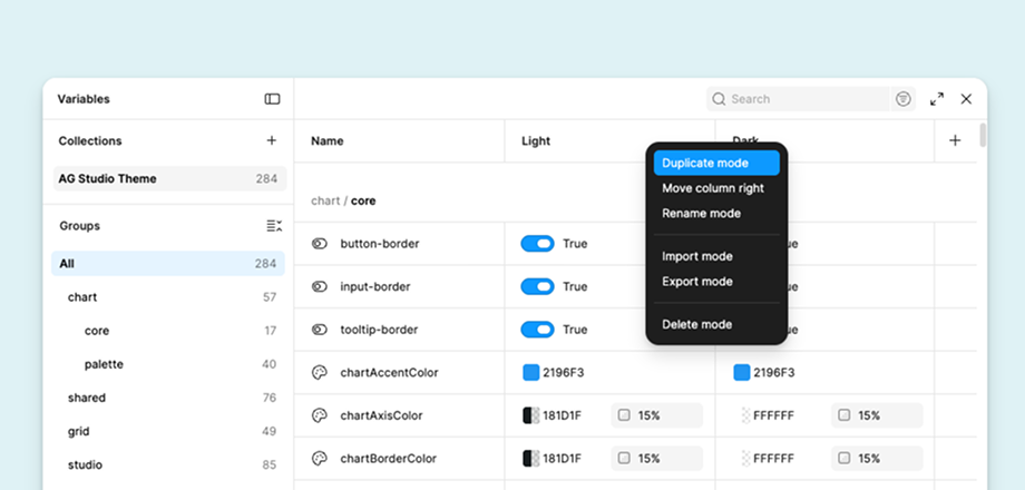 The AG Studio Theme variable collection in Figma
